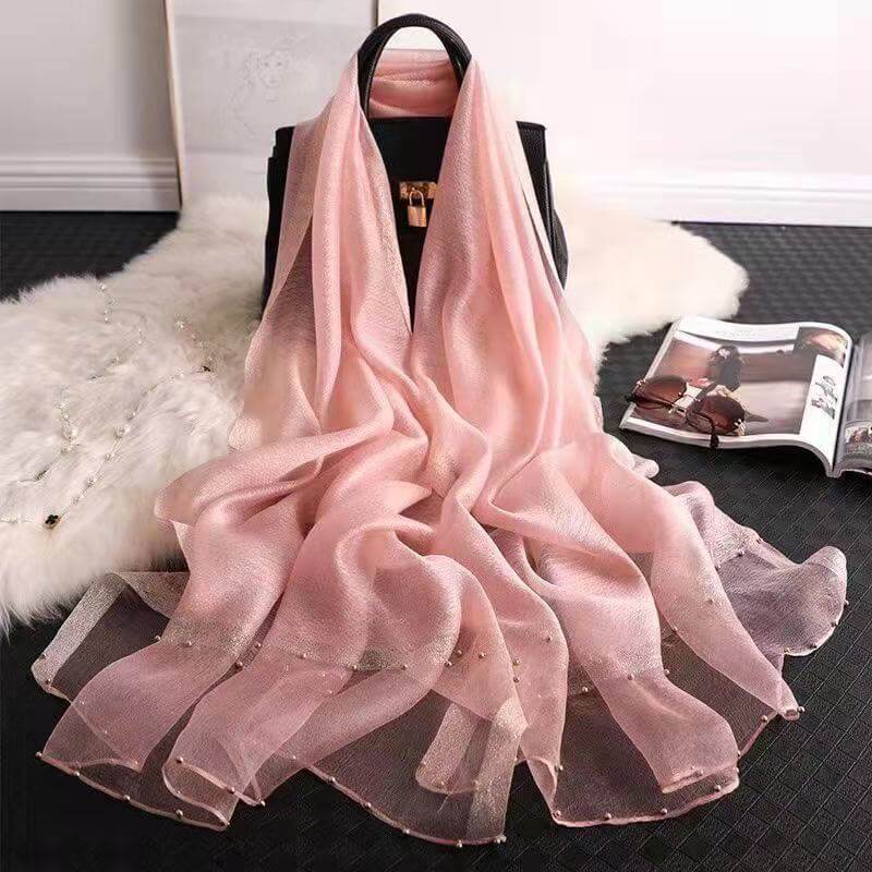 Silk towel summer Korean nails bead gold border gold silver silk long towel beach sunscreen yarn air conditioning shawl thin model scarf female