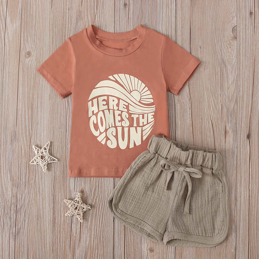 Children's European and American summer girls' alphabet print short-sleeved top + light brown shorts two-piece children's clothing ins