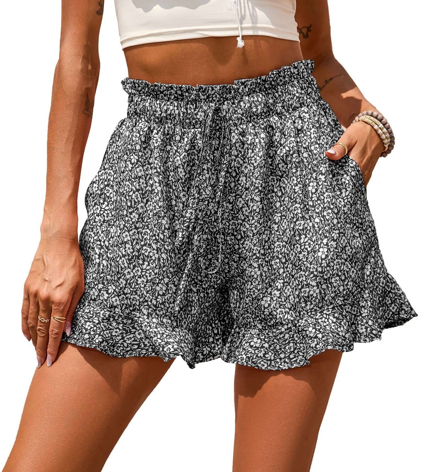 2022 European and American wish summer new foreign trade cross-border women's chiffon printed casual pocket waist shorts