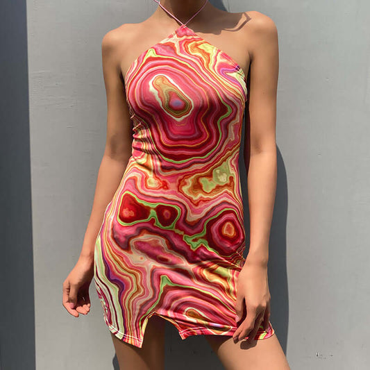 Self-built station women's 2021 summer European and American style fashion women's new style swirl printing halterneck halter dress skirt