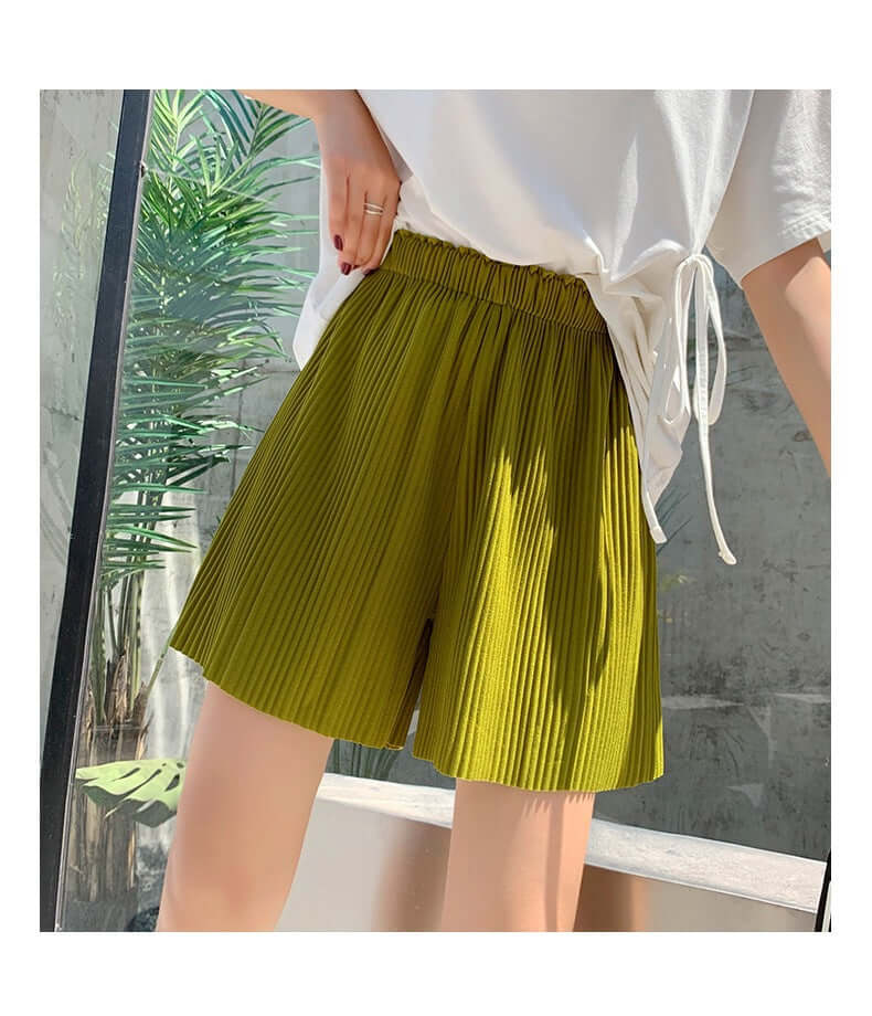 Three houses with shorts new pleats, five points, casual, wide legs, summer high waist, ice silk student sports hot pants women