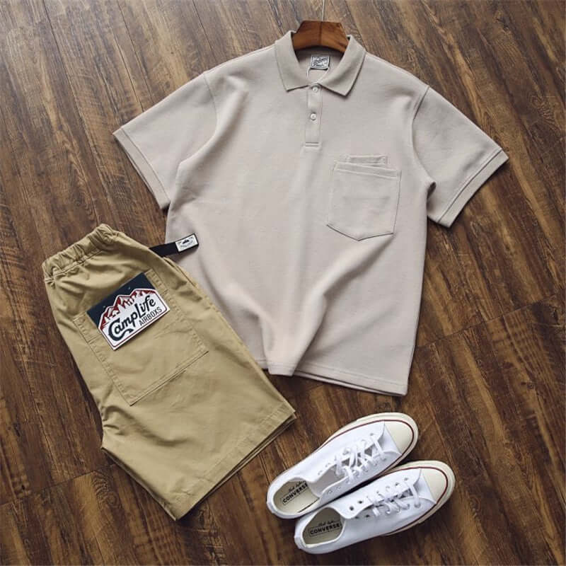 Personal laminated pocket heavy air cotton short sleeve polo shirt American retro short-sleeved T-shirt male