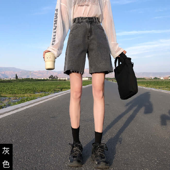 Five-point denim shorts female summer 2021 new high waist thin section loose small son wide leg pants summer pants