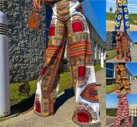 2022 spring and summer new Bohemian printed trousers with pockets casual pants women loose high waist wide leg pants women