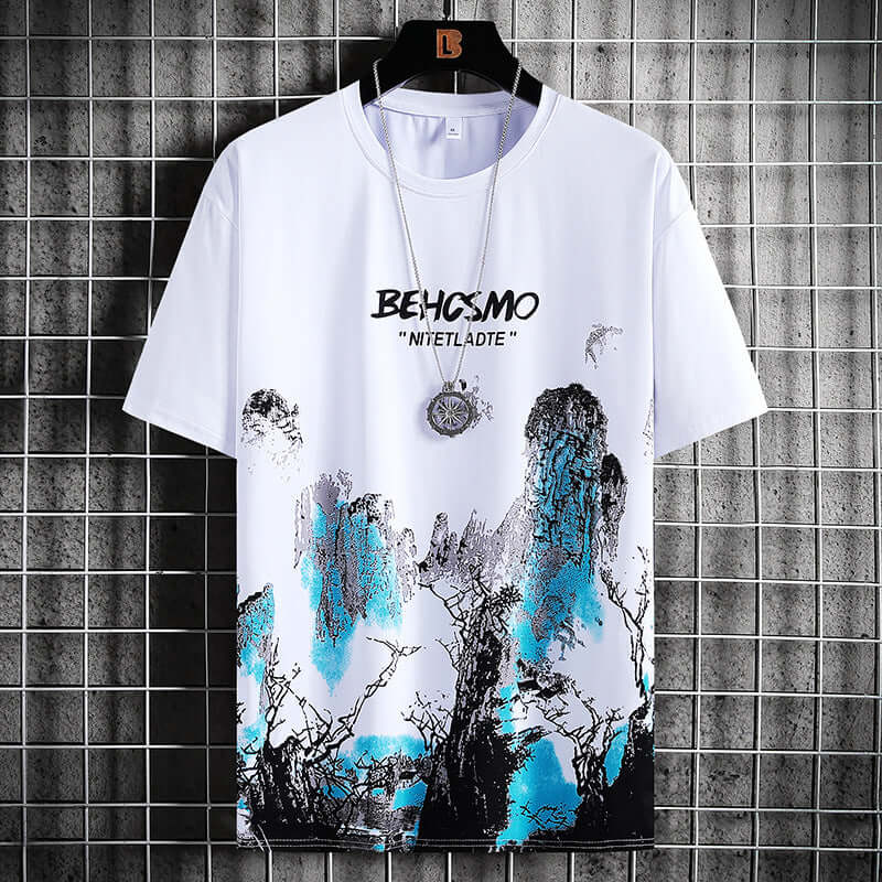 Summer men's ice silk short sleeve T-shirt bottoming shirt loose trend half sleeve clothes print round leader shirt men's clothing