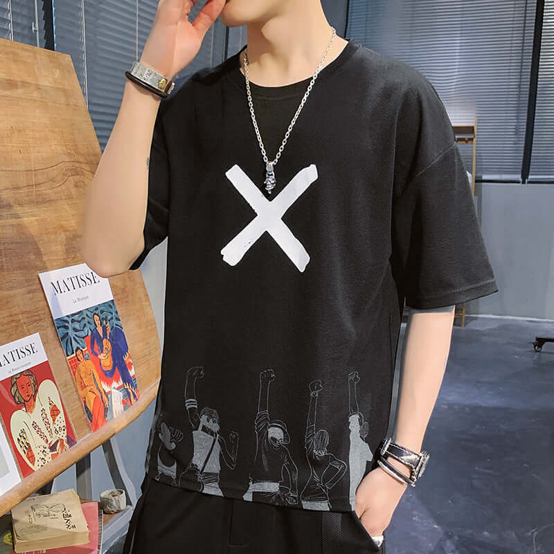 Short Sleeve Male T-Shirt 2021 Summer New Loose Tide Distance Simple Embroidery Men's Shirt Geometric Men's T-Shirt Hemles