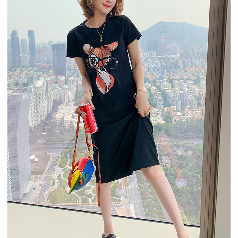 Cute Fawn Print Round Neck Short Sleeve Fit Fit T-shirt Dress Dress Women's 2021 Summer New Spot