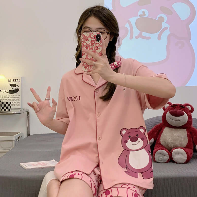 Pajamas women's summer 2023 new short-sleeved shorts thin section cartoon student cardigan home service girl suit