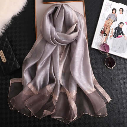 Silk towel summer Korean nails bead gold border gold silver silk long towel beach sunscreen yarn air conditioning shawl thin model scarf female