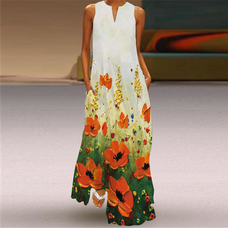 2021 new summer women's sleeveless long skirt V-colored flower dress European and American cross-border foreign trade women's clothing