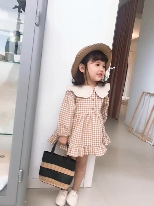 Girls dress 2022 new children's clothing children's Korean version plaid cotton and linen princess skirt lotus leaf collar children's skirt