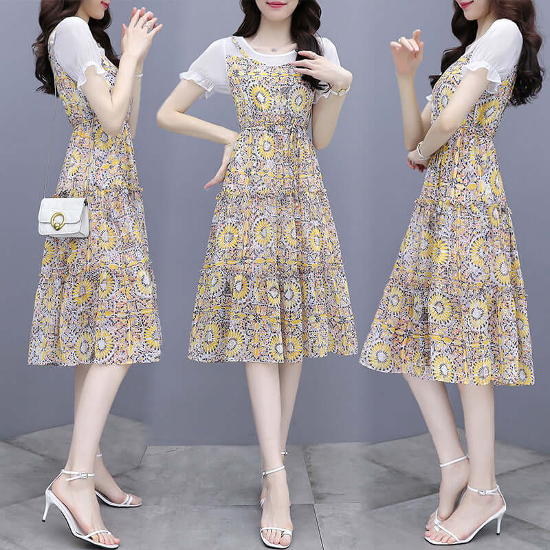 Sniring dress 2021 summer new women's fashion Korean version of the floral water female dress chiffon fake two skirts