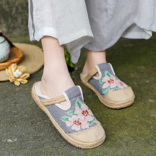 New summer cotton linen women's national wind embroidery shoes lazy people a foot fisherman shoes i half bag head cool slippers