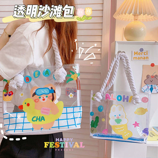 Summer girl heart transparent handbag cute bear shoulder bag large capacity cartoon travel shopping beach bag tide