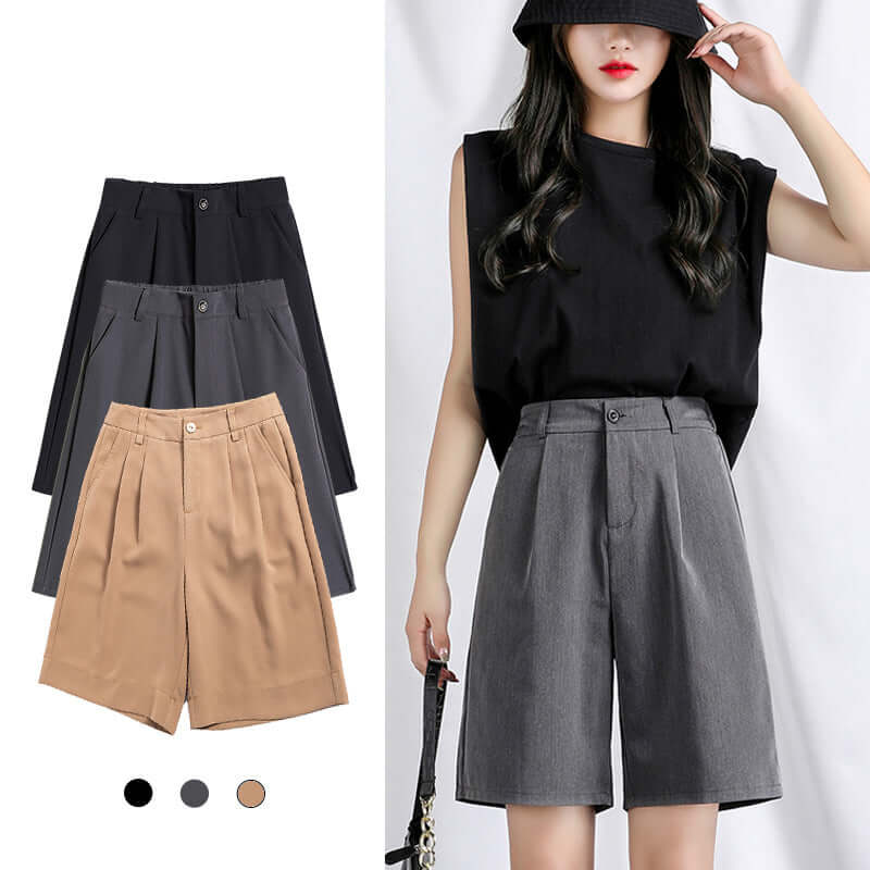 Dropping suit shorts female summer loose 2021 new high waist slim black A word wide leg five-point casual pants