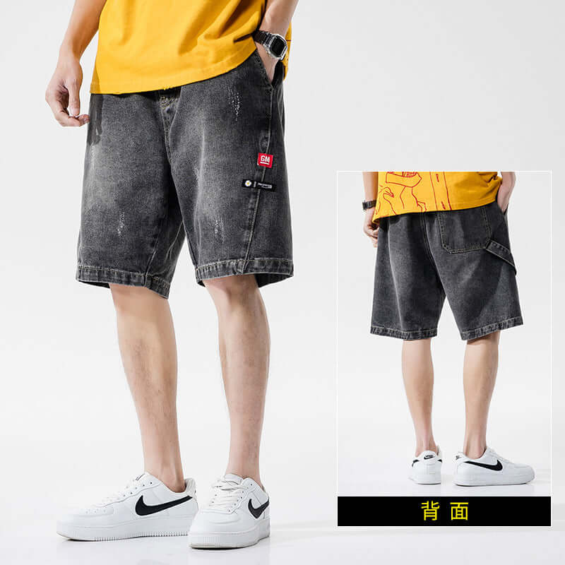 Denim shorts men's 2021 new trend summer thin straight loose large size wide legs five pants