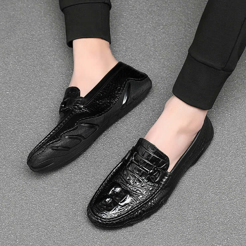 Bean bean shoes men's leather driving shoes layer cowhide case foot shoes men's music shoes soft bottom lazy shoes crocodile pattern