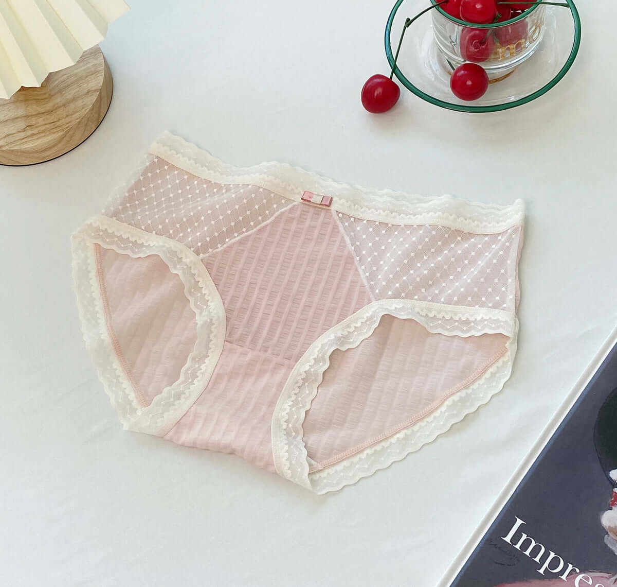 Japanese young ladies underwear mesh candy color sweet lattice lace student total cotton high bomb medium large size