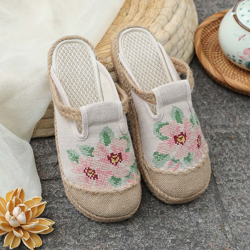 New summer cotton linen women's national wind embroidery shoes lazy people a foot fisherman shoes i half bag head cool slippers