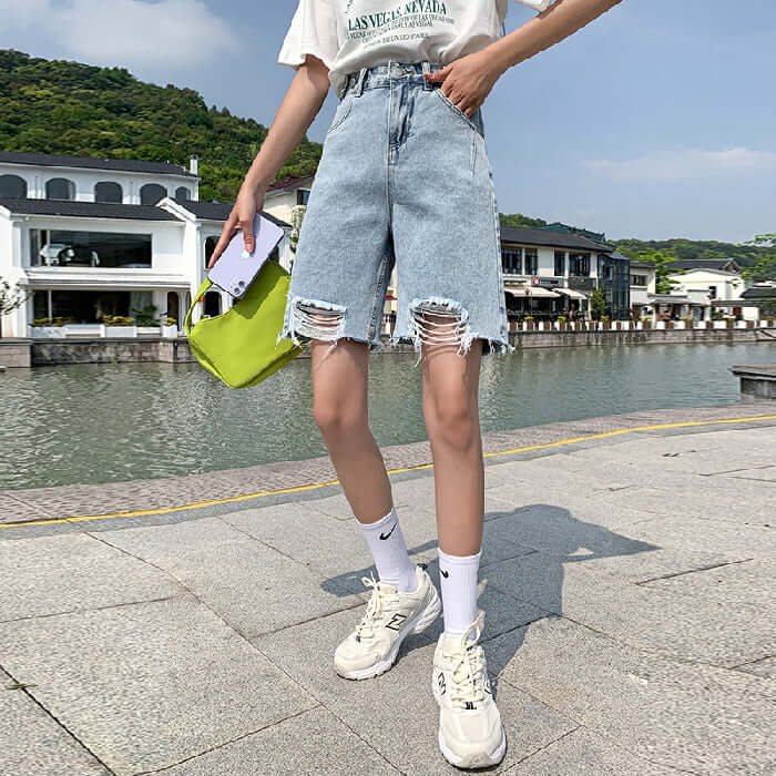 Five-point denim shorts female summer 2021 new high waist thin section loose small son wide leg pants summer pants