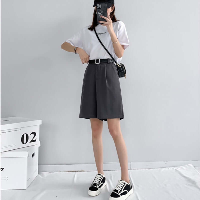 Dropping suit shorts female summer loose 2021 new high waist slim black A word wide leg five-point casual pants