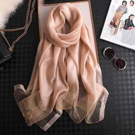 Silk towel summer Korean nails bead gold border gold silver silk long towel beach sunscreen yarn air conditioning shawl thin model scarf female