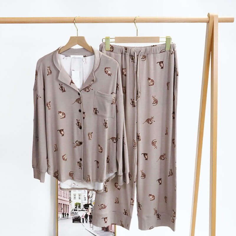 Japanese modal cute cat miocair soft ice cream loose pajamas women's suit sleeves can be drawn