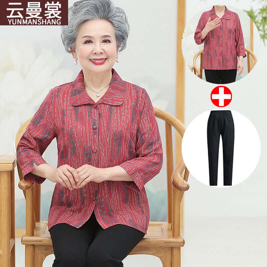 Grandma spring summer shirt 60 years old 70 elderly mother lapeting shirt set nine-point sleeves old wife two-piece set