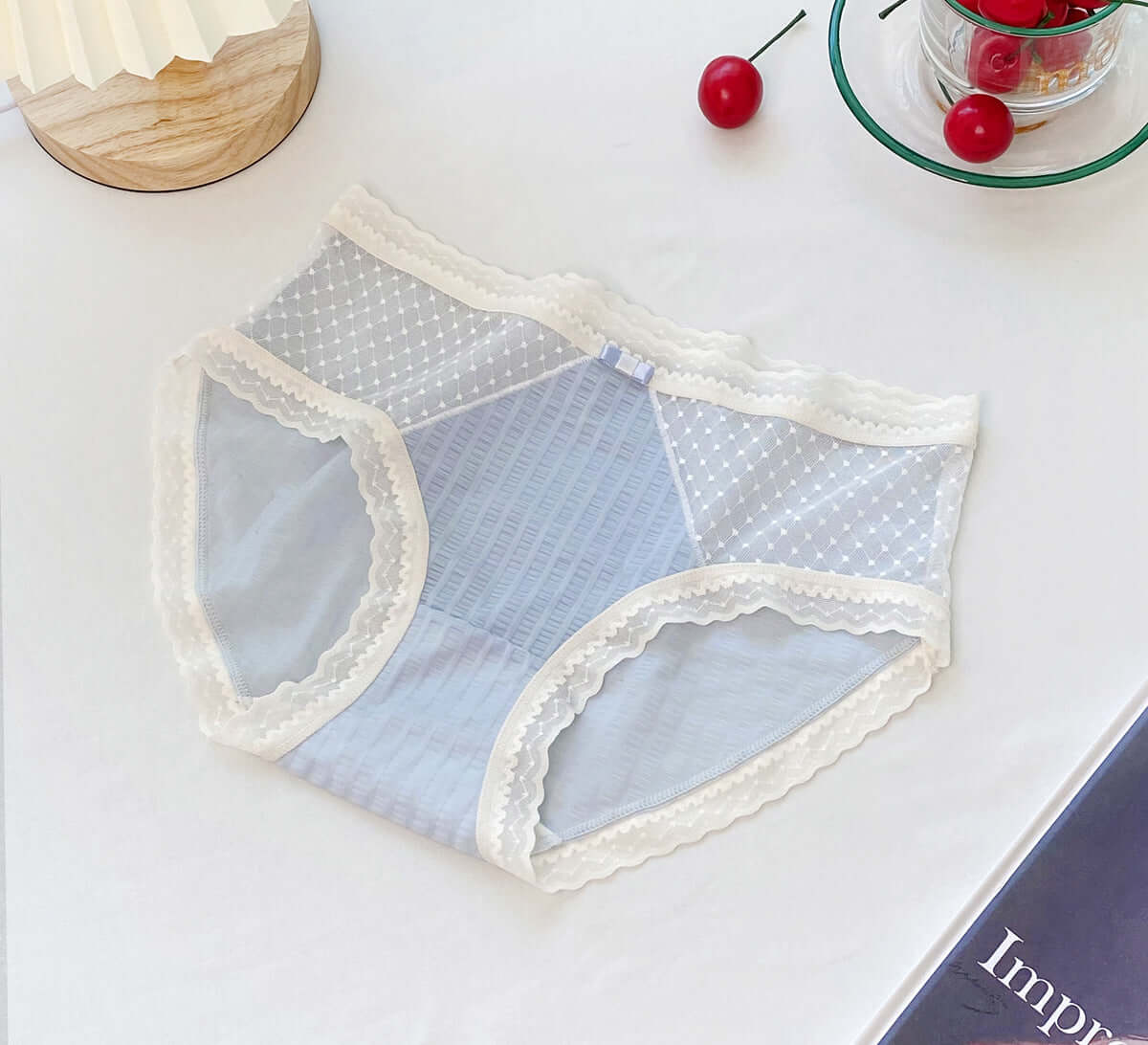 Japanese young ladies underwear mesh candy color sweet lattice lace student total cotton high bomb medium large size