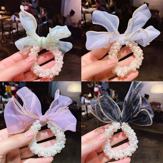 South Korea summer pearl hair ring black lace mesh drum knot rope hair children's gluten hair rope hair circle fairy