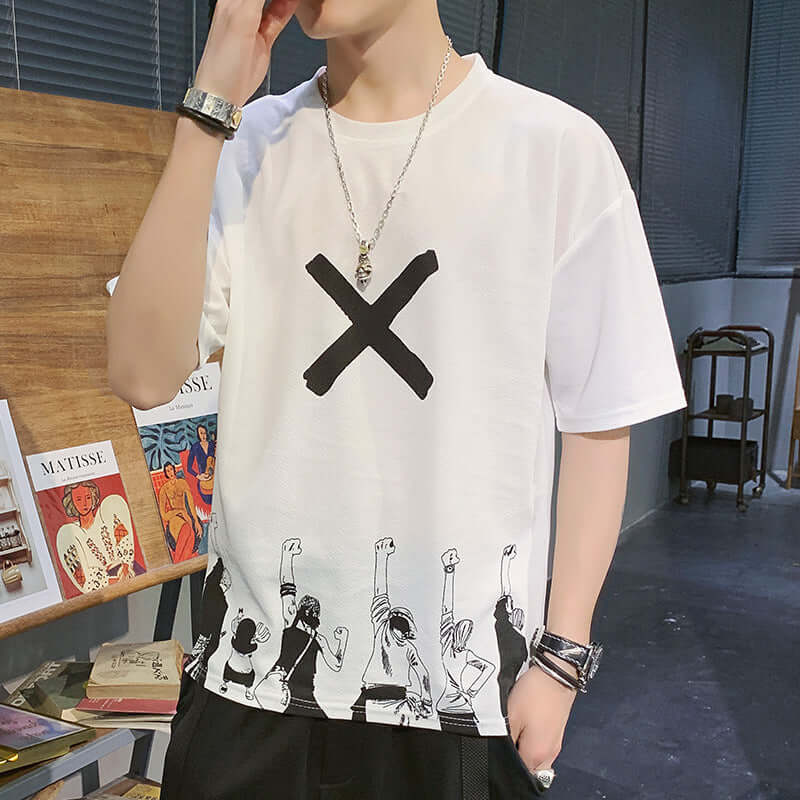 Short Sleeve Male T-Shirt 2021 Summer New Loose Tide Distance Simple Embroidery Men's Shirt Geometric Men's T-Shirt Hemles