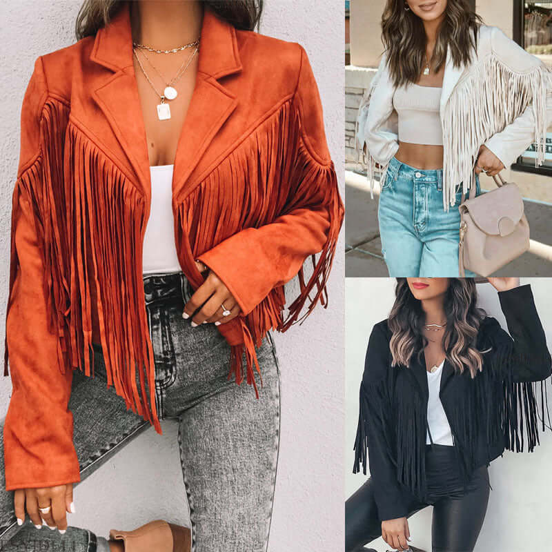 European and American women's jackets leather deerskin velvet temperament lapel tassel short jacket women's autumn and winter new SU2674