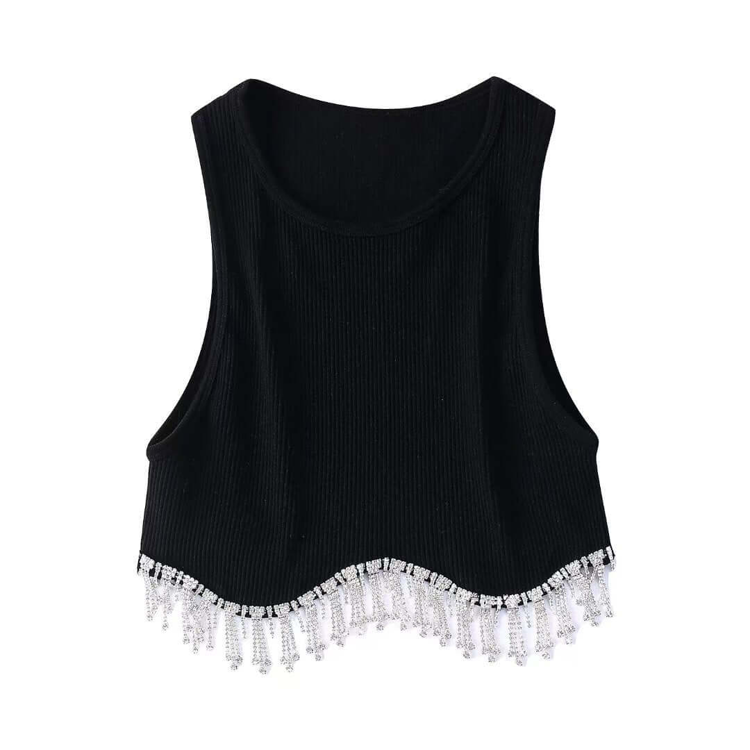 2022 summer new diamond-encrusted fringed round neck vest women's round neck slim and slim short sleeveless top