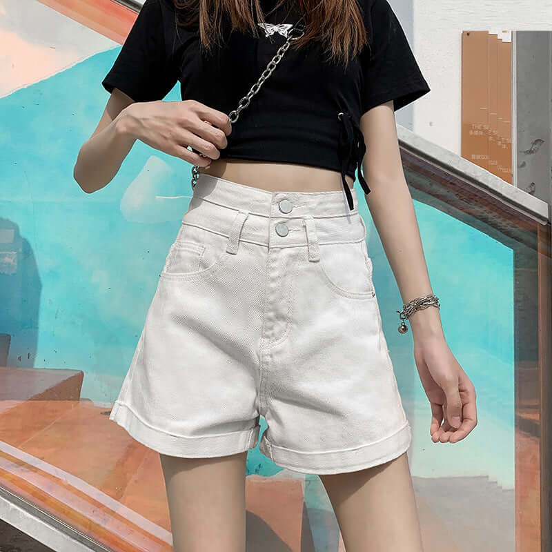 Black denim shorts female super high waist is thin 2021 summer new A word loose ultra short pants