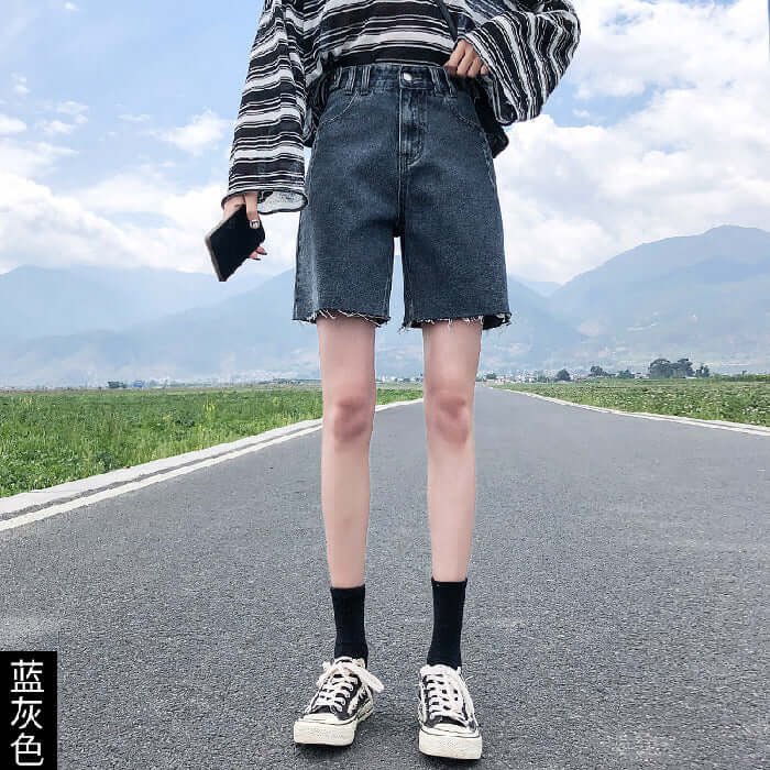 Five-point denim shorts female summer 2021 new high waist thin section loose small son wide leg pants summer pants