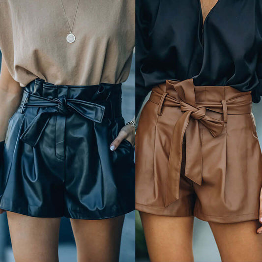 Independent Station New European and American Women's Temperament Casual PU Pants (with Belt) Leather Shorts