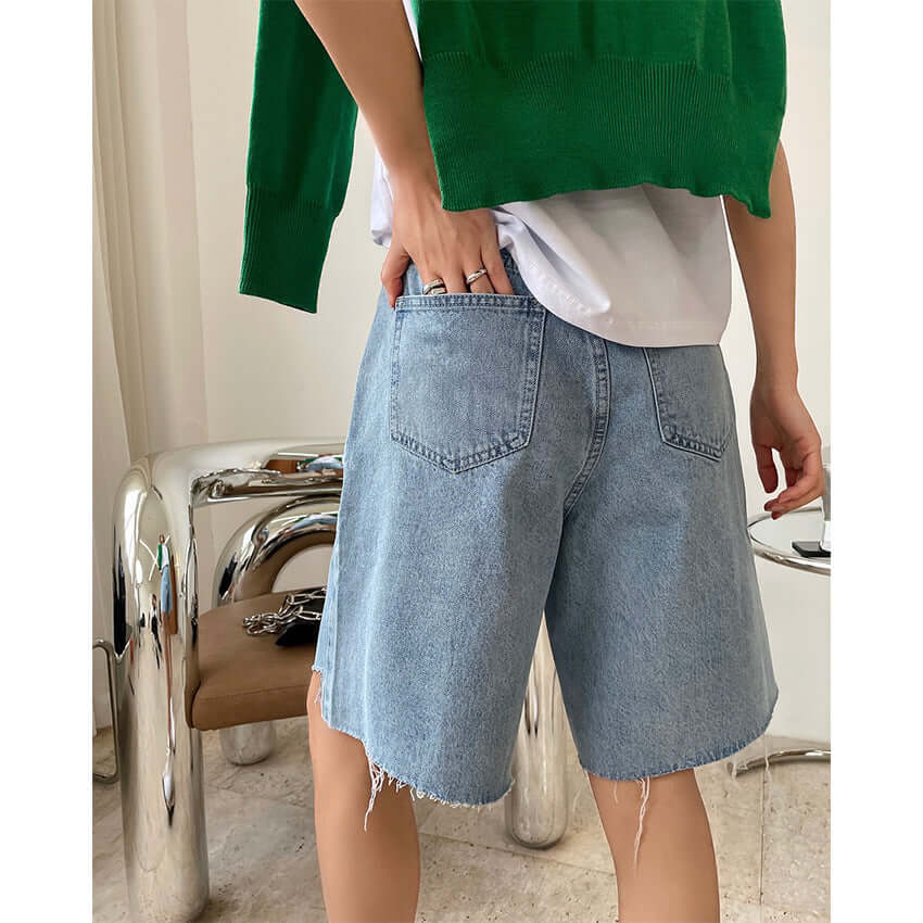 Summer new European and American trendy bloggers high waist denim pants wide legs loose thin five pants shorts women