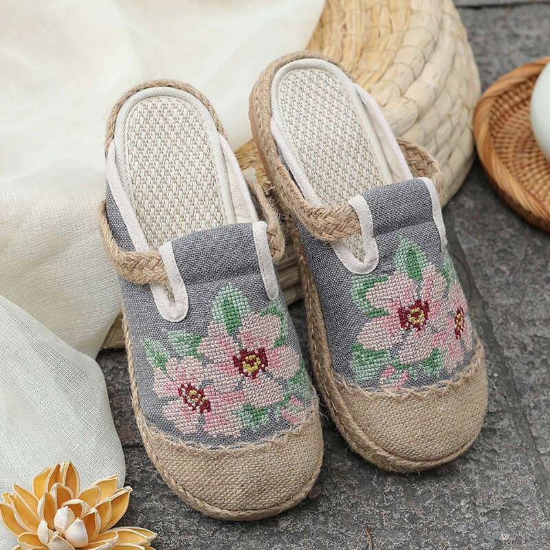 New summer cotton linen women's national wind embroidery shoes lazy people a foot fisherman shoes i half bag head cool slippers