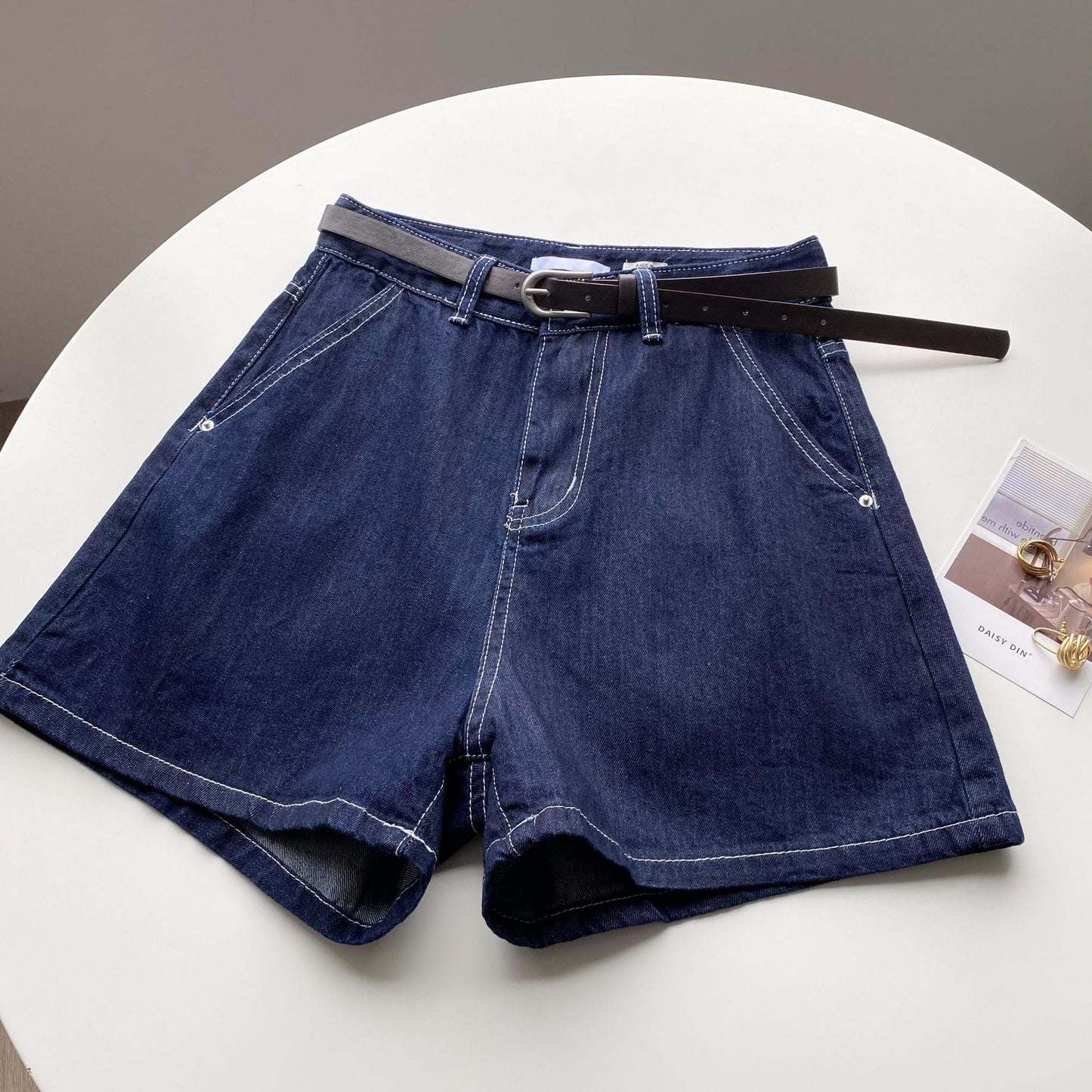 Double high waist denim shorts female 2021 summer new Korean version of the belt loose casual wide leg A pants 6067