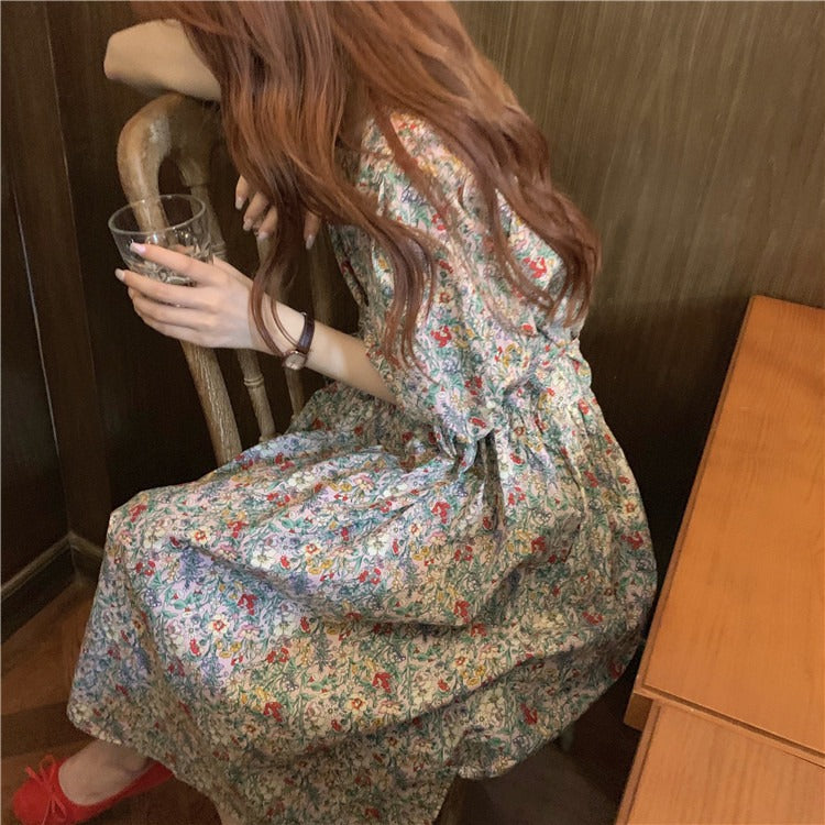 Real shot 2021 summer new round neck French retro puff sleeve floral short sleeve dress long skirt 38121