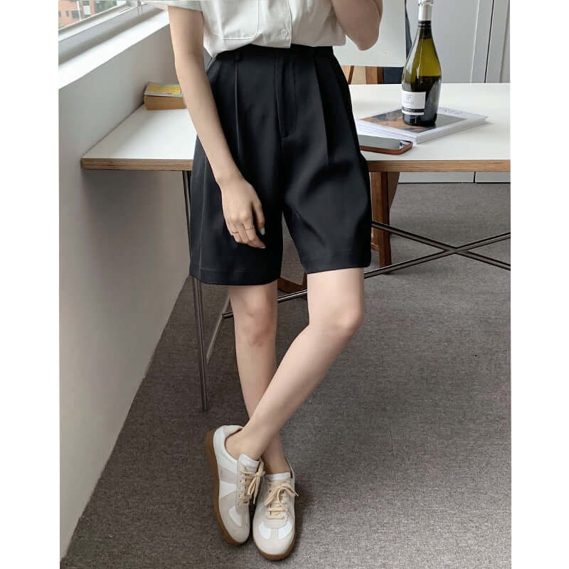 suit shorts female summer high waist loose straight pants INS black casual five pants Q5053