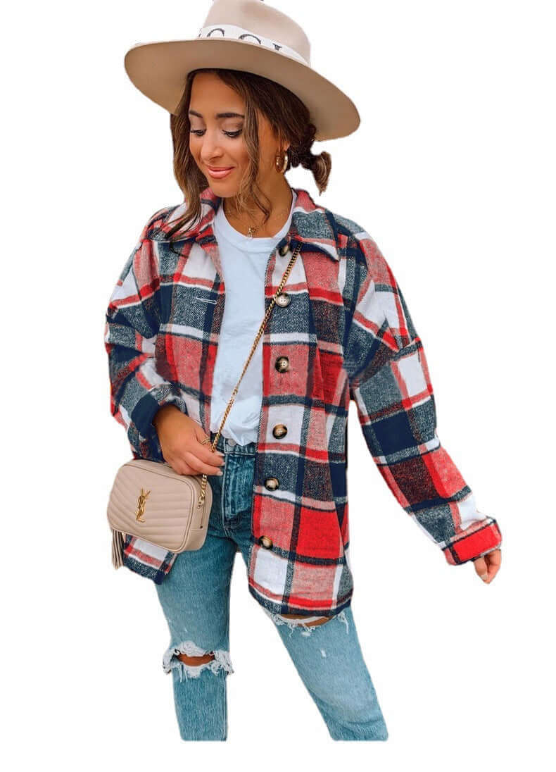 women's clothing INS net red Amazon autumn and winter long-sleeved plaid shirt mid-length woolen coat