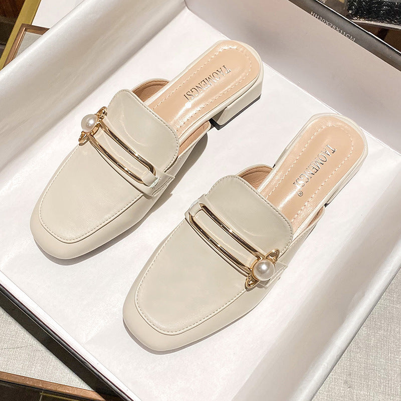 Japanese slippers female 2021 new bag head sandals female pearl lazy flat shoes outside wear thick with half slippers