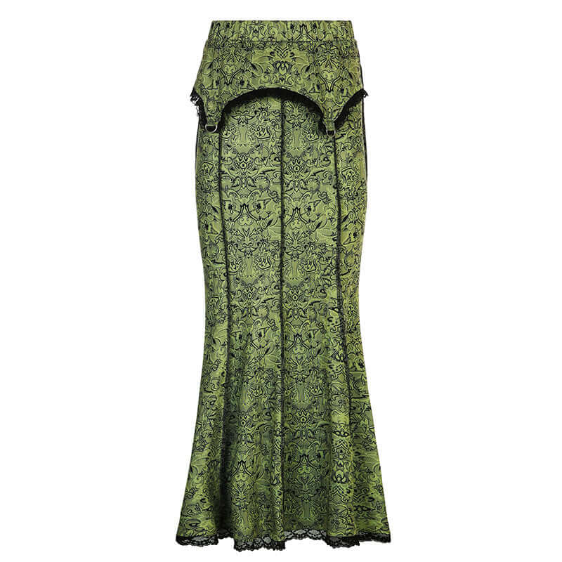 Design sense European and American retro printing reverse line lace edge irregular elastic waist slim fishtail long skirt