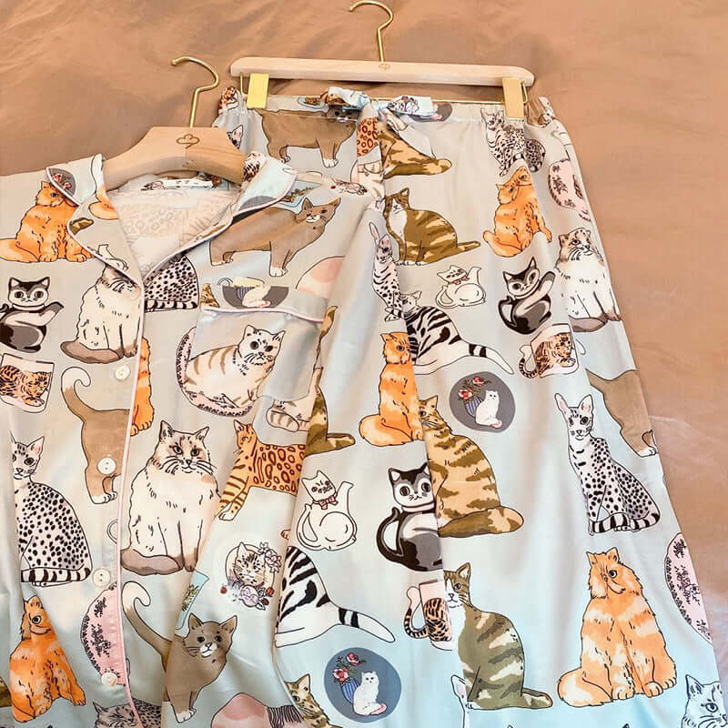 Cat printed couple ice silk pajamas female spring and autumn can wear home clothing autumn new cute Japanese sweet