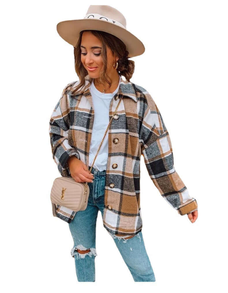 women's clothing INS net red Amazon autumn and winter long-sleeved plaid shirt mid-length woolen coat