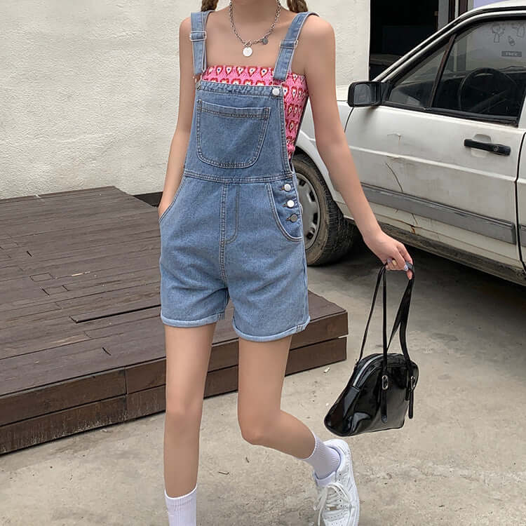 Real shot 2021 denim straps shorts loose age-age cute pants student female wholesale