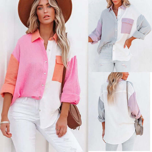 2022 summer new net red style contrast color stitching drop-shoulder long-sleeved shirt women