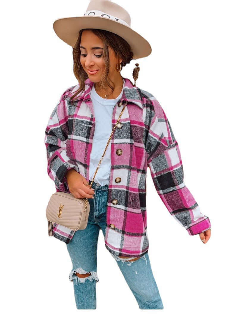 women's clothing INS net red Amazon autumn and winter long-sleeved plaid shirt mid-length woolen coat