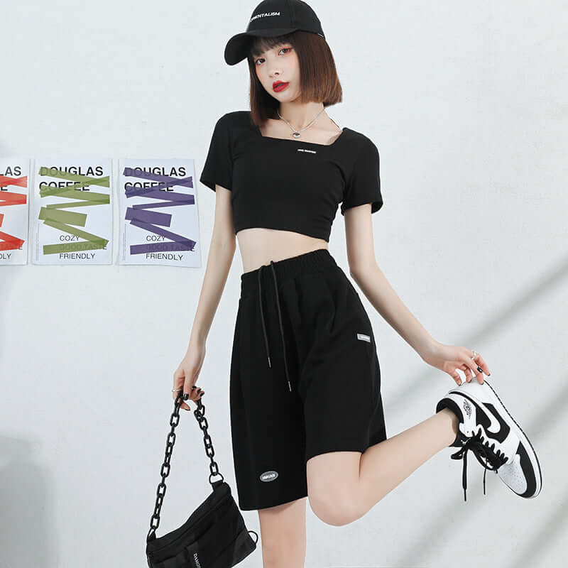 Sports shorts female summer 2021 new loose casual high waist wide-leg gray five pants sweat tide INS pants